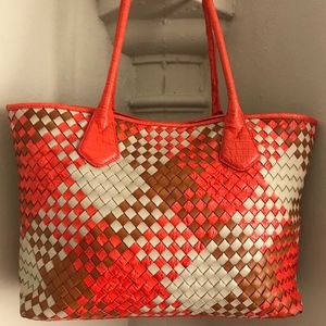 Brahmin Tote Bag--woven plaid in coral/cream/tan